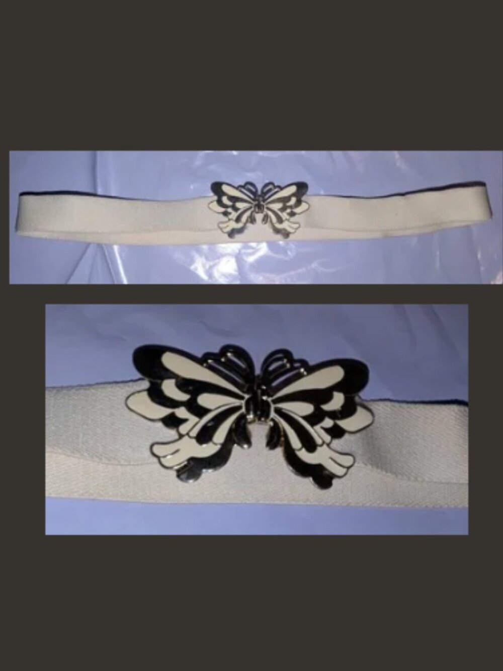 Womens Vintage Stretch Elastic Belt Ornate Butterfly Clasp - White